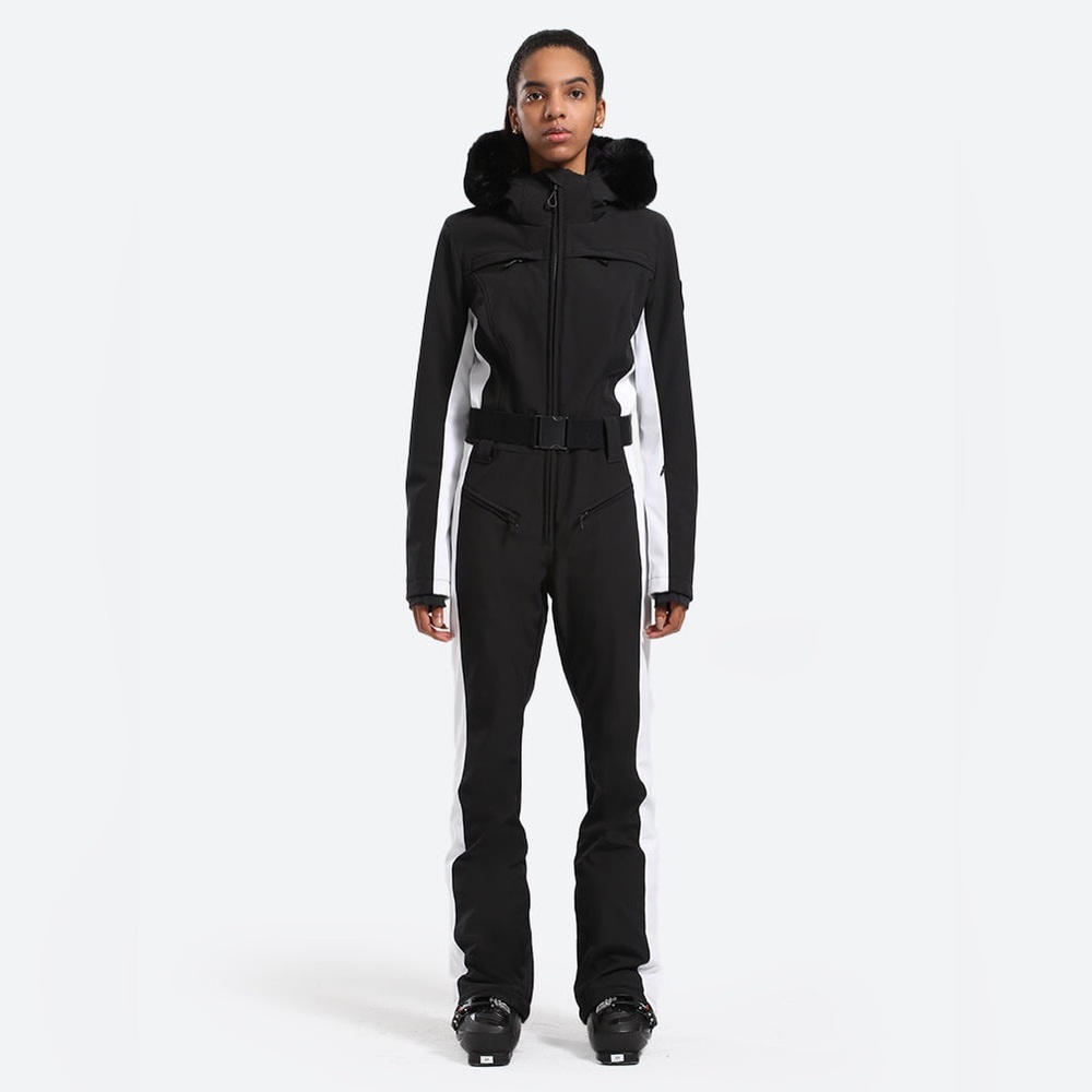 Women's Minimalist Faux Fur Black & White Down One-piece Ski Suits